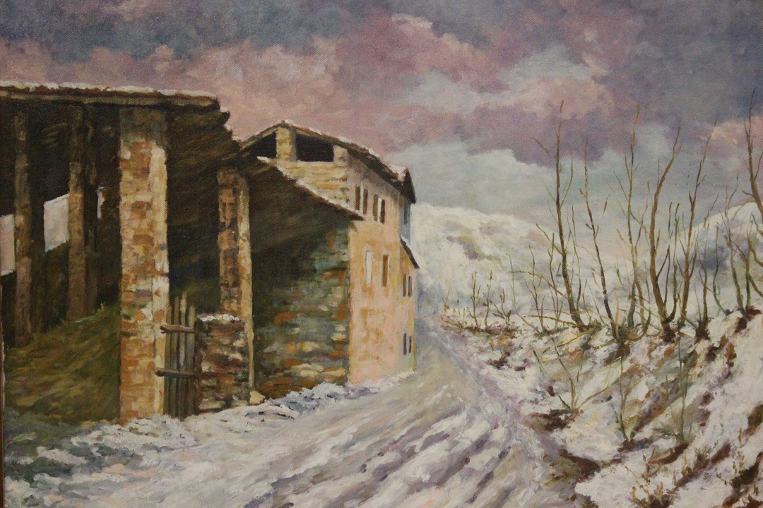 Quadro olio su tela, Cascina innevata, firmato Giuber 1982 (899)